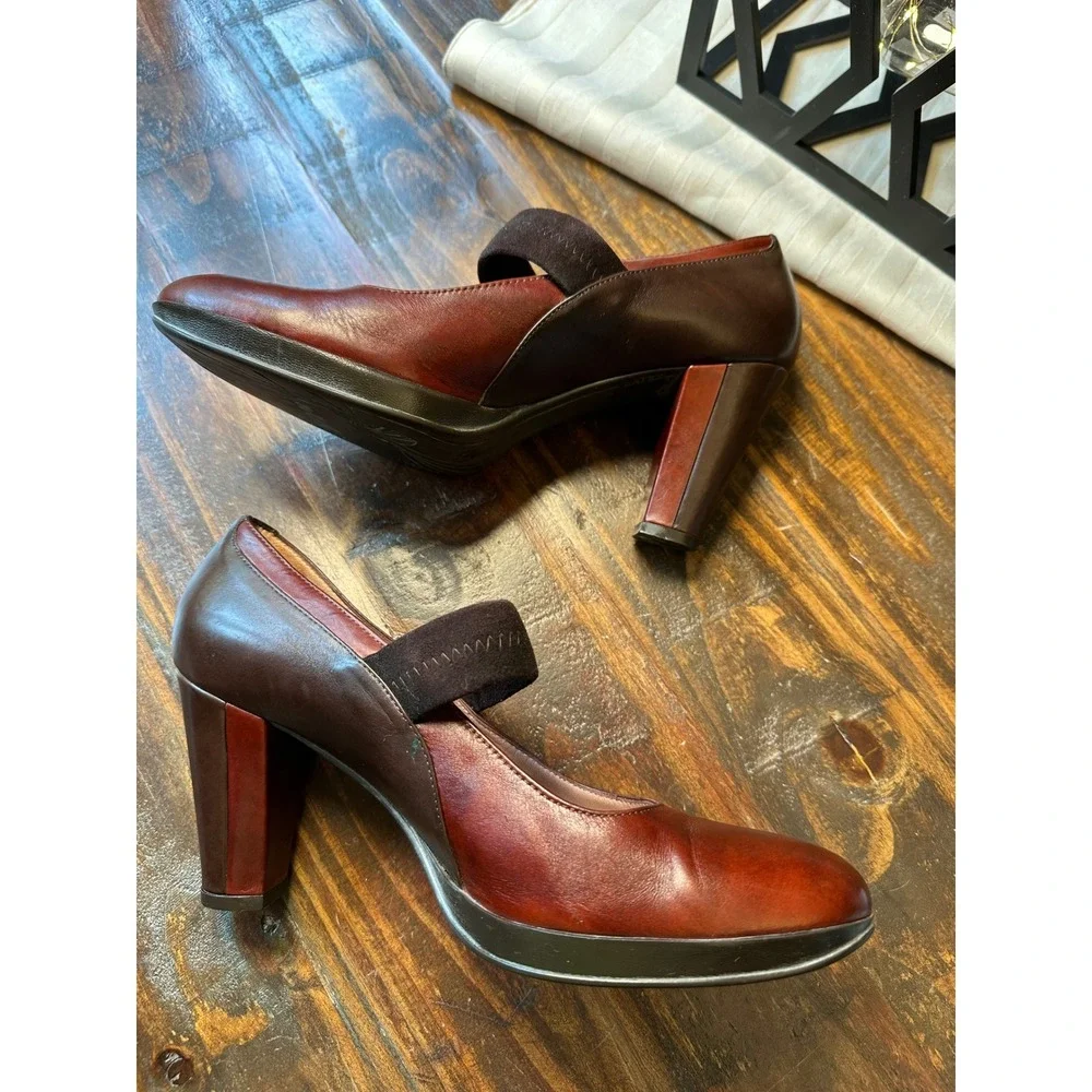 BeautiFeel Two Tone Leather Mary Jane Block Heel Pump Burgundy Brown Sz 39 8/8.5